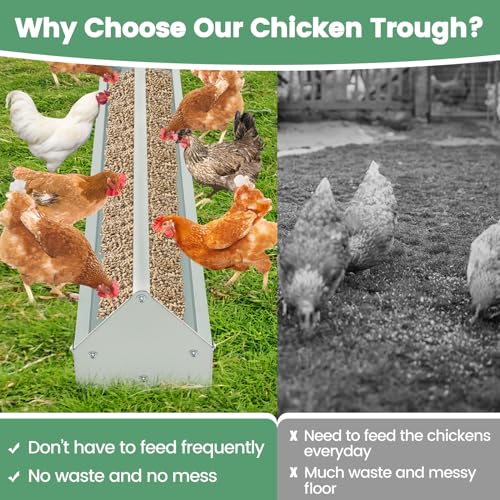 PETSITE 45 Inches Long Chicken Feeding Trough, Heavy Duty Galvanized Steel Chicken Feeder with Crossbar and Drainage Holes, Large Capacity Poultry Feeder Trough for Duck Geese Pigeon