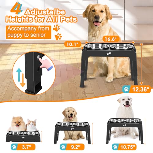COMESOON Elevated Dog Bowls, 4 Height Adjustable Raised Bowl Stand with 2 Thick 50oz Stainless Steel Food Bowls Non-Slip Feeder Adjusts to 3.7'', 9.2'', 10.75'', 12.36'' Black, (DB-W01) - color: Black, size: 8" for Medium Dogs