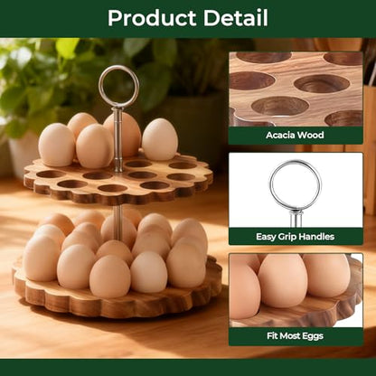 Acacia Wooden Double Layer Egg Holder for 32 Fresh Eggs, Modern Countertop Egg Storage Rack, Fits Chicken, Duck, Turkey Eggs - color: natural