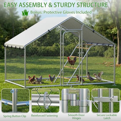 Large Metal Chicken Coop with Roosting Perch, Waterproof and UV-Resistant Cover,Chicken Run Outdoor Walk-in Cage Rabbit Duck Hen House for Yard Farm Use Spire Roof (10’ W x 4.9’ L x 6.4’ H) - size: 59.9"L x 118.0"W x 78.0"H