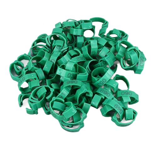 SUNGOOYUE 100 Pcs Chicken Leg Rings Plastic Numbered Poultry Identification Bands Clip On Round Ankle for Chickens Ducks Hens Breeders Farm Flock Tracking (100Pcs Green Rings with Number Markers) - color: 100Pcs Green Rings with Number Markers