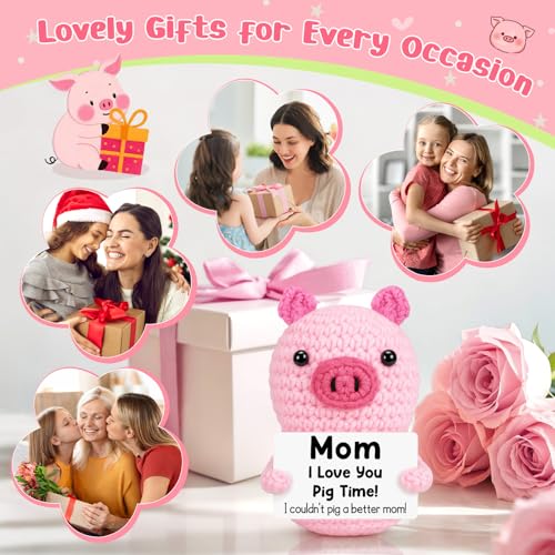 GevGuxLuo Mini Funny Positive Pig Birthday Gift for Mom from Daughter Son | Handmade Crochet Animals Gifts for Mothers Day, I Love You Mum Small Present for Mother in Law Step Mom Cute Decor - style: Mom