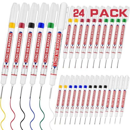 24 PCS Long Nib Marker,20mm Long Head Deep Hole Marker Pens,Longs Nose Markers,Waterproof Construction Markers Marking Tool,Permanent Markers Carpenter Ink marker Pens,Metal marking Pen - color: 24PCS-20MM-Red/Blue/Green/Black/White/Yellow