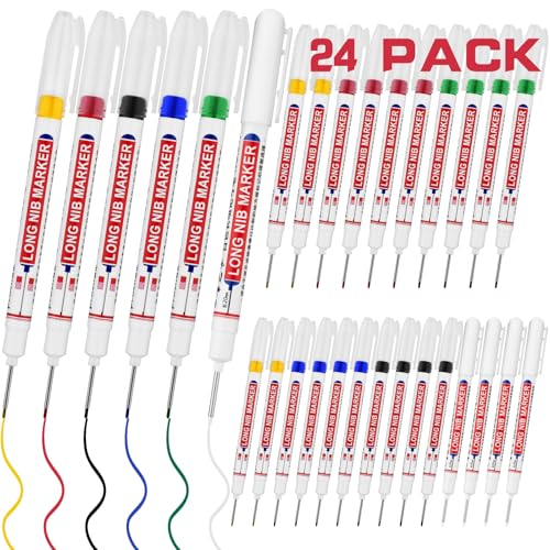 24 PCS Long Nib Marker,20mm Long Head Deep Hole Marker Pens,Longs Nose Markers,Waterproof Construction Markers Marking Tool,Permanent Markers Carpenter Ink marker Pens,Metal marking Pen - color: 24PCS-20MM-Red/Blue/Green/Black/White/Yellow