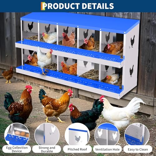 10 Compartment Chicken Nesting Box, Galvanized Steel Metal Laying Box with Removable Tray Roll-Out Egg Collection, Wall Mount Hen Roosting Box, Easy Egg Collection - color: Blue, size: 10 holes