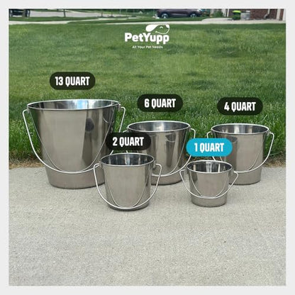 1 Quart Stainless Steel Bucket - Heavy Duty Flat Side Small Metal Bucket for Feeding & Watering Pets, Livestock & Cleaning - Perfect for Crates, Kennels, Cages & Hang on Fences - 0.25 gal - size: 1 Quart