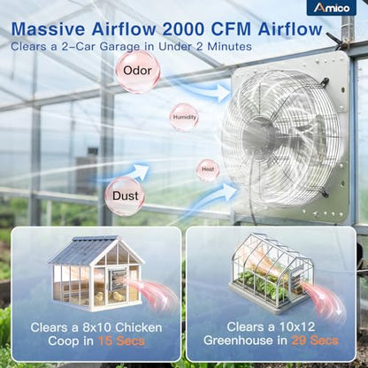 Amico 16 Inch Shutter Exhaust Fan with Remote, 60W Energy Efficient EC Motor, 2000 CFM Quiet Wall Mount Ventilation Fan for Garage, Greenhouse, Attic & Shed, 9-Speed Adjustable, 1-8H Timer, Plug In - size: 16 Inch
