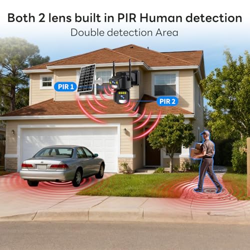LETSCEE Dual Lens Security Cameras Wireless Outdoor，Solar Cameras for Home Security，Motion Detection,Night Vision,No Month Fee,IP65 Water Proof - color: 4 PACK