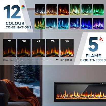 EUHOMY 50 Inch Electric Fireplace Recessed Wall Mounted Freestanding with Remote Control, Ultra-thin Fireplace Heater with Adjustable Flame Color, Linear Fireplace with Timer, Log & Crystal, 750/1500W - size: 50 Inch Premium