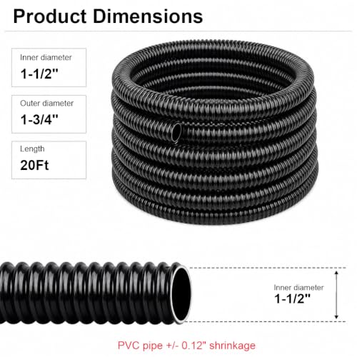 1-1/2 Inch Pond Tubing 20ft Black Corrugated Flexible PVC Pond Hose with 4 Stainless Steel Hose Clamps, Kinkproof and Strong for Pond Pump Fountain Garden Waterfall. - size: 1-1/2" ID, style: 20 ft