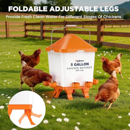 Eggluuz 5 Gallons Chicken Waterer Bucket with Chicken Water Cups, Adjustable Legs and Anti-Roost Cone