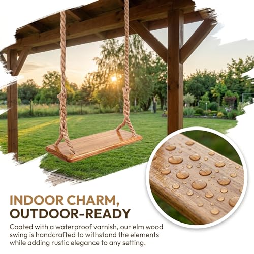 Hanging Wooden Swing, Seat 19.7"x 5.1"× 1.2", Tree Swings for Adults and Kids Outdoor, Adjustable Hemp Rope Plus Tree Straps 80 inch, Kids Indoor Swing with 500lb,Indoor Swing for Adults