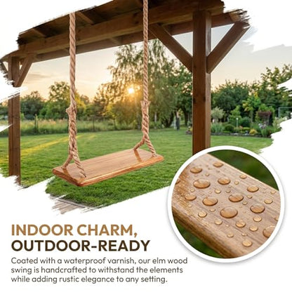 Hanging Wooden Swing, Seat 19.7"x 5.1"× 1.2", Tree Swings for Adults and Kids Outdoor, Adjustable Hemp Rope Plus Tree Straps 80 inch, Kids Indoor Swing with 500lb,Indoor Swing for Adults