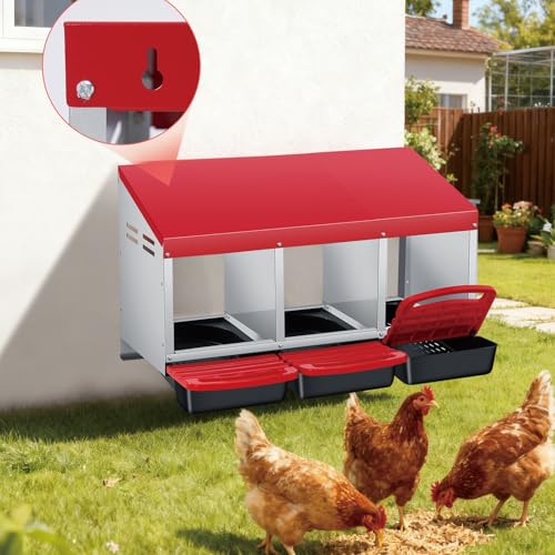 3 Hole Chicken Nesting Box - Heavy Duty Metal Chicken Laying Box, Easy Egg Collection & Cleaning with Removable Tray for Poultry Coop, Backyard, Farm - color: red, size: 3 holes