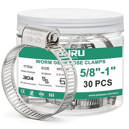 OURU 30PCS Hose Clamps Stainless Steel Adjustable 5/8"–1"(16-25mm) Worm Gear Hose Clamp, Heavy Duty Metal Small Hose Clamps for Automotive, Pipe, Radiator Plumbing, Fuel Line - size: 5/8"-1"(16-25mm)