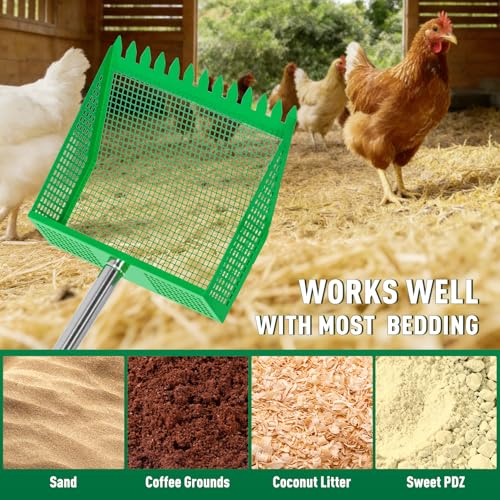 TOOGE Large Chicken Poop Scooper: 2-in-1 Metal Pooper Scooper & Rake Adjustable 62" Long Handle Stainless Steel Sand Sifting Litter Shovel Chicken Coop Scoop Cleaning Tool for Goat Yard Bright Green - color: Bright Green
