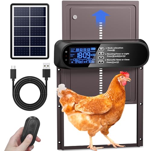 Automatic Chicken Coop Door Solar Powered, LCD Screen Electric Auto Chicken Coop Door with Timer & Light Sensor, Aluminum Rechargeable Automatic Chicken Door Opener with Remote Control & 4 Modes