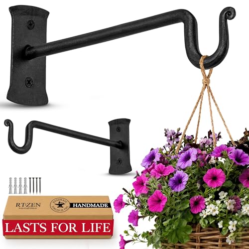 RTZEN Plant Hangers Outdoor or Indoor - Wrought Iron Metal Hanger Indoor Hook - Heavy Duty Wall Bracket Hooks for Hanging Plants Baskets Lanterns Bird Feeders - 2 Pack (Black Shepherds Hooks 7.5") - size: 7.5 Inch, style: Shepherds Hooks