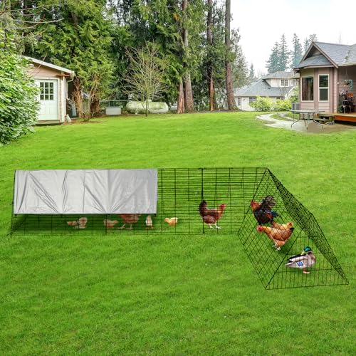 Metal Chicken Coop with Run, Chicken Tunnels for Yard, Portable Chicken Tractor with Waterproof Cover, for Hens, Ducks, Rabbits