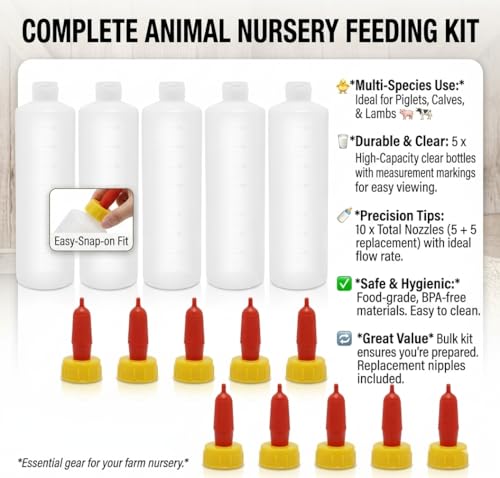 5-Pack Goat and Lamb Feeding Bottles with Silicone Nipples, 400ml Small Livestock Milk Feeder Kit for Sheep, Piglets, Calves, and Orphaned Animals, Hand-Rearing Nursing Set with 5 Replacement Nipples