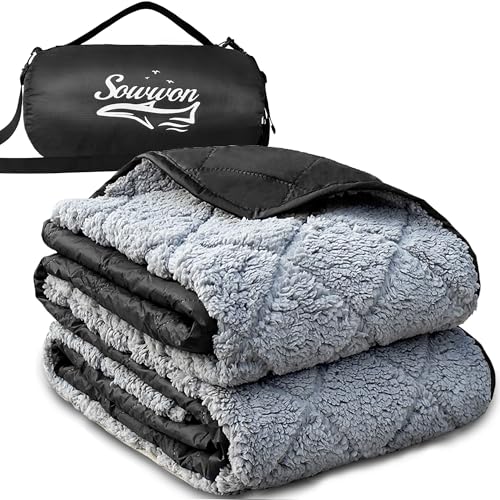 Waterproof Outdoor Blanket 92"x60" Large Sherpa Fleece 300GSM Black | Stadium Blankets for Camping, Packable, Windproof Emergency Throw for Grass Picnic Hiking Road Trip, Machine Washable - color: Sherpa Black-300 Gsm, size: 92"x 60"