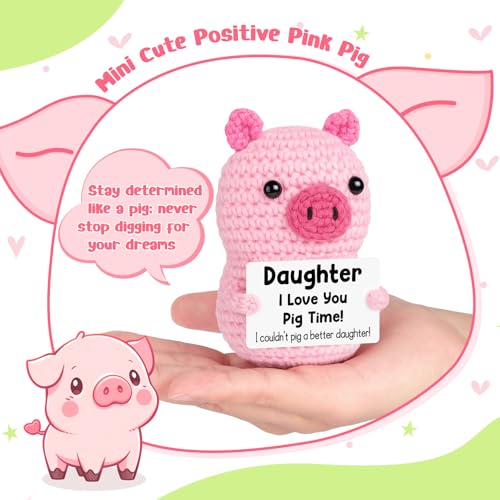 GevGuxLuo Funny Birthday Gifts for Daughter from Mom Dad-Mini Inspirational Positive Handmade Crochet Pink Pig Animal Gifts,Mothers Day Birthday Daughter Gift for Teen Girls Adult Graduation Gift - style: Daughter
