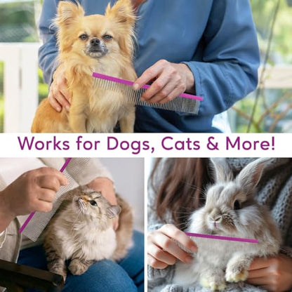 Pet Comb 8 inches Comfortable Grooming Comb with Different-Spaced Rounded Stainless Steel Teeth, Easy Grip and Convenient Grooming for Pets Dog Cat with Medium Coarse Fur - Purple - size: 8"