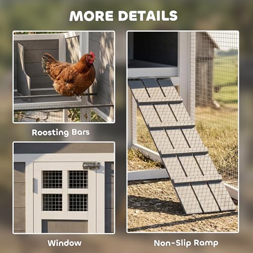 PawHut 82" Wooden Chicken Coop, Large Outdoor Hen House Poultry Hutch for 2-3 Hens, Chicken House with Nesting Box, Pull-on Tray, Waterproof Roof, Ramp and Roosting Bars for Backyard, Gray