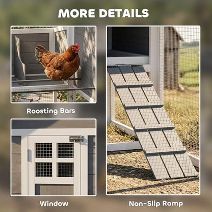 PawHut 82" Wooden Chicken Coop, Large Outdoor Hen House Poultry Hutch for 2-3 Hens, Chicken House with Nesting Box, Pull-on Tray, Waterproof Roof, Ramp and Roosting Bars for Backyard, Gray