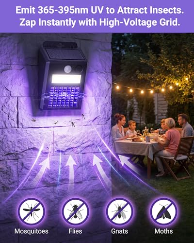 Solar Bug Zapper Outdoor - 2-in-1 Waterproof Cordless Mosquito Zapper with 3 Modes, Motion Sensor Light & UV Light, Rechargeable Mosquito Killer Lamp for Patio Yard Garden