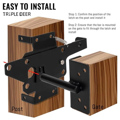 TRIPLE DEER Self-Locking Fence Gate Latch, Heavy Duty Vinyl Post Mount Automatic Self-Closing Wooden Gate Hardware, Gravity Lever Door Latches Hardware for Secure Pool/Yard/Garden Outdoor, Black