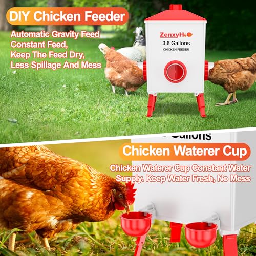 ZenxyHoC No Waste Chicken Feeders and Waterers - 4 Set with Water Cups | for Buckets Barrels Bins Troughs No Waste Chicken Feeder - size: 4 Ports and 4 Cups