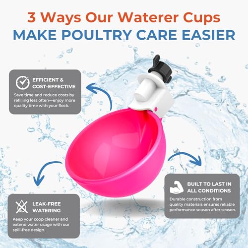 Lil'Clucker - Large Automatic Chicken Waterer Cups Suitable for Ducks, Geese, Turkeys, and Bunny Rabbit - Water Feeder Kit - Poultry Waterer (Pink, 5 Pack) - color: Pink, size: 5 Pack