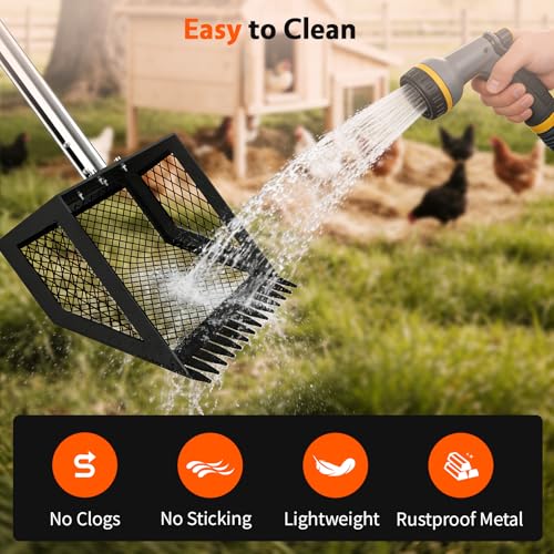 VavoPaw Chicken Poop Scooper, 35–75'' Adjustable Chicken Coop Scoop with Ergonomic Handle, 2-in-1 Scoop Shovel & Poop Rake for Easy Waste Cleaning, Metal Pooper Scooper for Henhouse, Sand, Cattle Shed