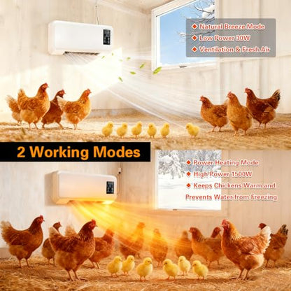 1500W Chicken Coop Heater for Winter，Wall-mounted 2-Mode Heater for Chicken Cages,5S Fast Heating & Adjustable Temperature (77~99℉)，Warm Stoves for Poultry and Pets in Winter