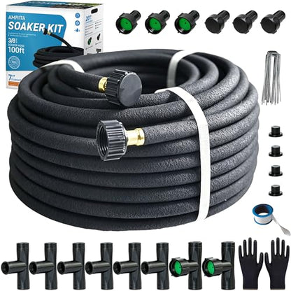 AMRITA Soaker Hose KIT,3/8inch 100ft Rubber Garden Hose 70% Water Saving,Black Heavy Duty Soaker Hose For Garden Lawn,Garden Raised Beds.(3/8-100FT) - color: 3/8"×(100FT)