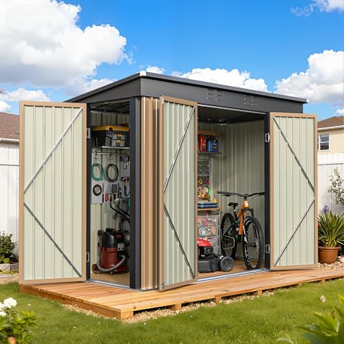 Greesum 8x4FT Outdoor Storage Shed, Metal Shed with Triple Lockable Door, Utility Tool Storaged Garden Shed with Slopping Roof for Patio Storage, Brown - color: Brown, size: 8x4
