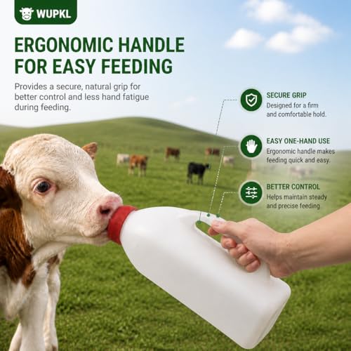 Screw Nipple Calf Feeding Bottle 2 Quart – Leak-Proof Milk Feeder with Ergonomic Handle, Easy Clean, Includes 5 Nipples, Farm & Ranch Feeding Set (One-Piece Bottle, 2 Pack)