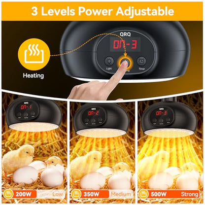 QRQ Chicken Coop Heater, 200W-350W-500W Reptile Heat Lamp with UVA UVB Dimmable Light 3-6-9-12H Timer, Chicken House Dog House Greenhouse Heater Outdoor,for Dog Cats Reptile Bird - color: Black