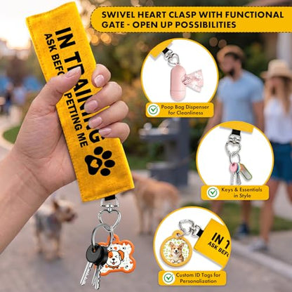 in Training Ask Before Petting Me Dog Leash Wrap, Highly Visible Yellow Warning Sleeve with Heart Snap Hook, Durable Double-Sided Canvas Lead Cover for Reactive Dogs, Service Dogs - color: Ask Before Petting Me