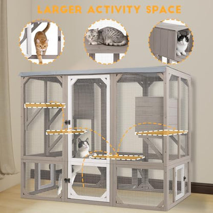 Ketive Catio Outdoor Cat Enclosure, Wooden Cat Catio, Large Weatherproof Cats House with Multiple Platforms and 1 Resting Boxes for Multiple Cats - size: 59" L x 27.5" W x 47.2" H
