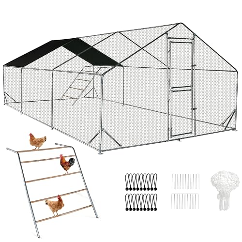 XCL Large Metal Chicken Coop, 13×10×6.5FT Walk-in Chicken Run, Spire Roof Poultry Cage with Waterproof Anti-UV Cover, Roosting Perch Outdoor Backyard Farm Enclosure for Duck Chicken (3-Unit Coop) - size: 3-Unit Coop