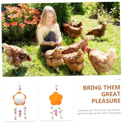 LIOOBO 1Pc Hens Mirror with Bells Chicken Mirror Toy Hanging Rooster Mirror for Birds Acrylic and Wood Fun Cage Decoration for Chickens and Pets
