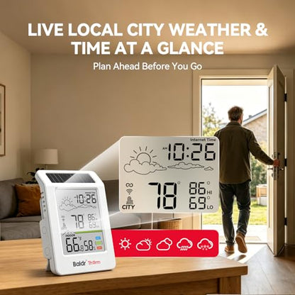 BaldrTherm WiFi Thermometer Hygrometer with Backlight, Weather & Time, Solar-Powered Indoor Outdoor Temperature Humidity Monitor with App Alerts, Weather Station for Greenhouse, Cellar & Baby Room