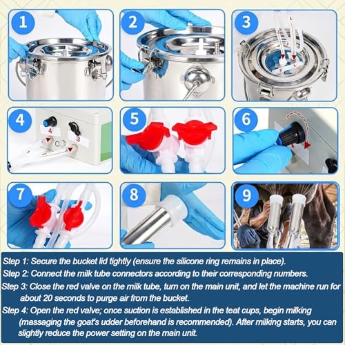 2 in1 Cow and Goat Milking Machine, 10L Pulsation Milker, with Food-Grade Silicone Hose, Stainless Steel Bucket, for Small Scale Farming & Home Dairy Use, Ranch