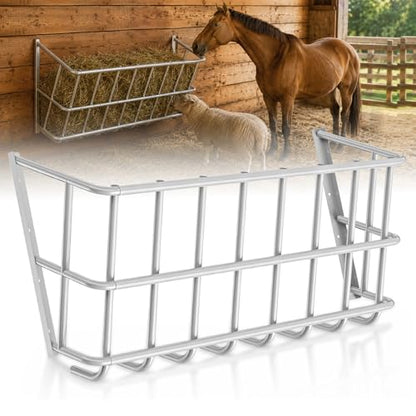 25 Gallon Wall Mount Hay Feeder, Metal Hay Rack for Goats and Horses | Galvanized steel, livestock feeding rack, barn stall feed holder, space-saving, rounded edges, easy install - color: 25 Gallon