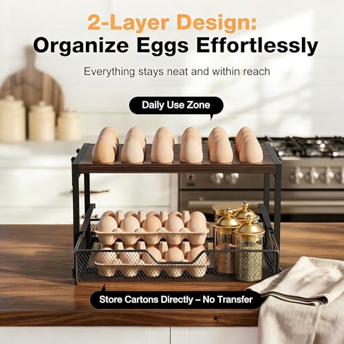 2-Tier Wooden Egg Holder Countertop with Basket – Holds 24+60 Chicken, Duck & Quail Eggs, Easter Eggs – Compact Countertop Holder with Carry Handle for Easy Transport - size: 2 Tiers