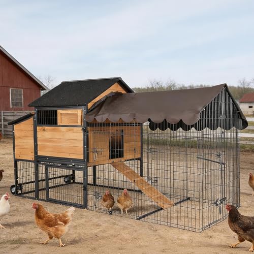 GUTINNEEN Large Metal Chicken Coop with Run, Large Wooden Chicken House with Iron Frame, Weatherproof Roof, Hen House with Pull-Out Tray, Non-Slip Ramp, Ventilation Windows, 85" L - size: 85.6"L x 40.6"W x 48.2"H