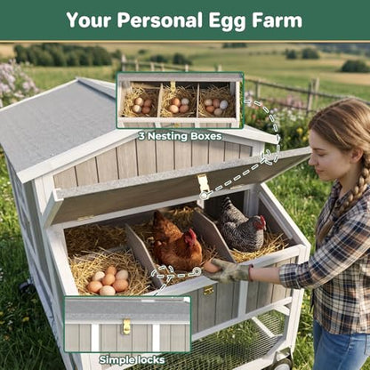 Large Chicken Coop with Run & Wheels, Portable Outdoor Hen House for 3-6 Chickens, 3 Nesting Boxes, Quail Hutch & Poultry Cage, Removable Tray & Ramp (95.3" L Grey) - size: 95.3"L x 31.5"W x 45.0"H