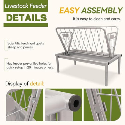 Kojem 4 Ft Long Livestock Feeder, Heavy Duty Steel Livestock 2 in 1 Grain & Hay Feeder, Outdoor Pasture Feeder with Feeding Pan for Goats, Sheep,Ponies, Cow, Horse for Farms, All Weather Feeder